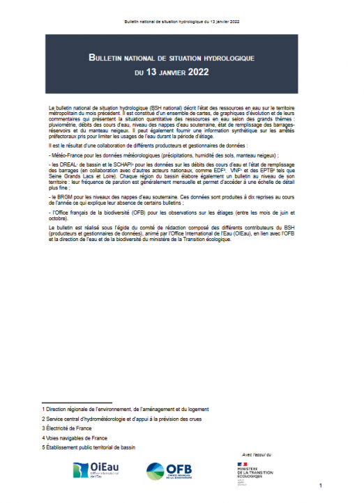 Bulletin national de situation hydrologique de janvier 2022