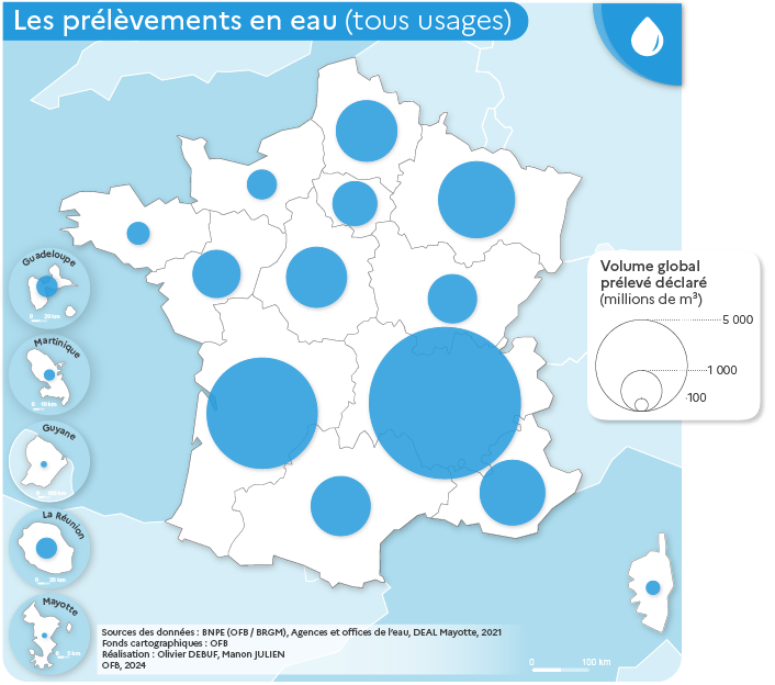 Carte des prélèvements en eau par région en 2021