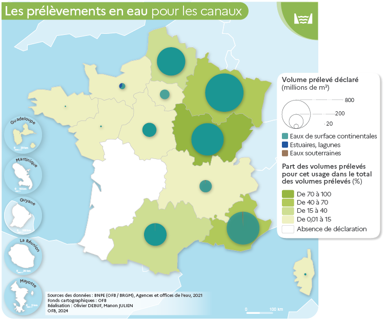 Carte des prélèvements en eau pour l'alimentation des canaux par région en 2021