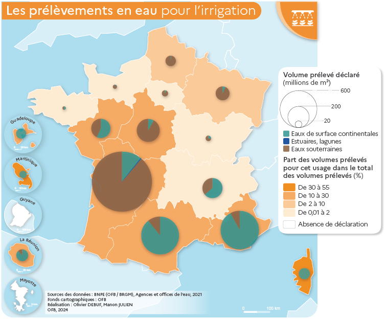 Carte des prélèvements en eau pour l'irrigation par région en 2021