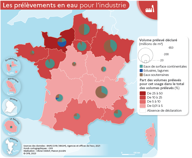 Carte des prélèvements en eau pour l'industrie par région en 2021