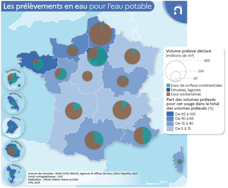 Carte des prélèvements pour l'alimentation en eau potable en 2021