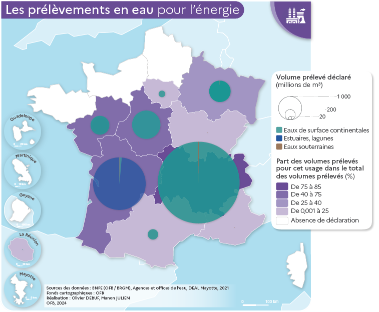 Carte des prélèvements en eau pour la production d'énergie par région en 2021