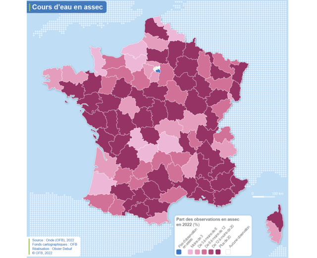 Carte Cours d'eau en assec par départements