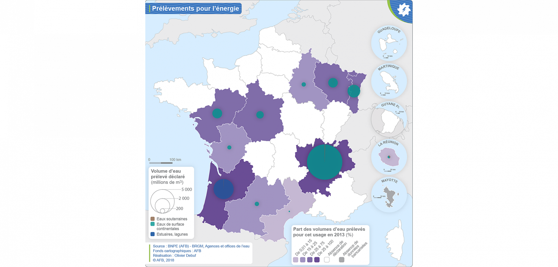Carte Volume d’eau prélevé pour la production d’électricité par région en 2013