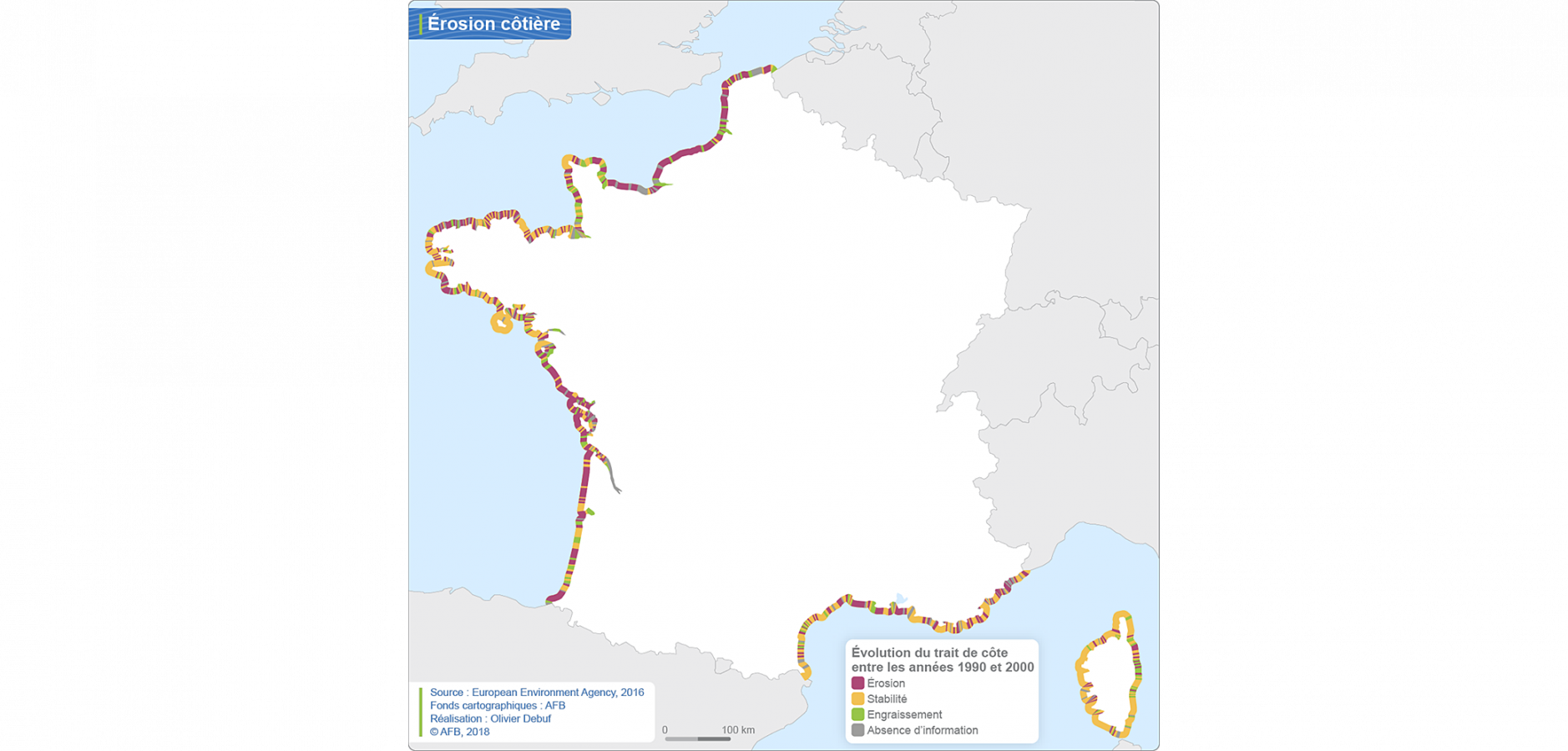 Carte Érosion côtière : évolution du trait de côte entre les années 1990 et 2000 © AFB - LO