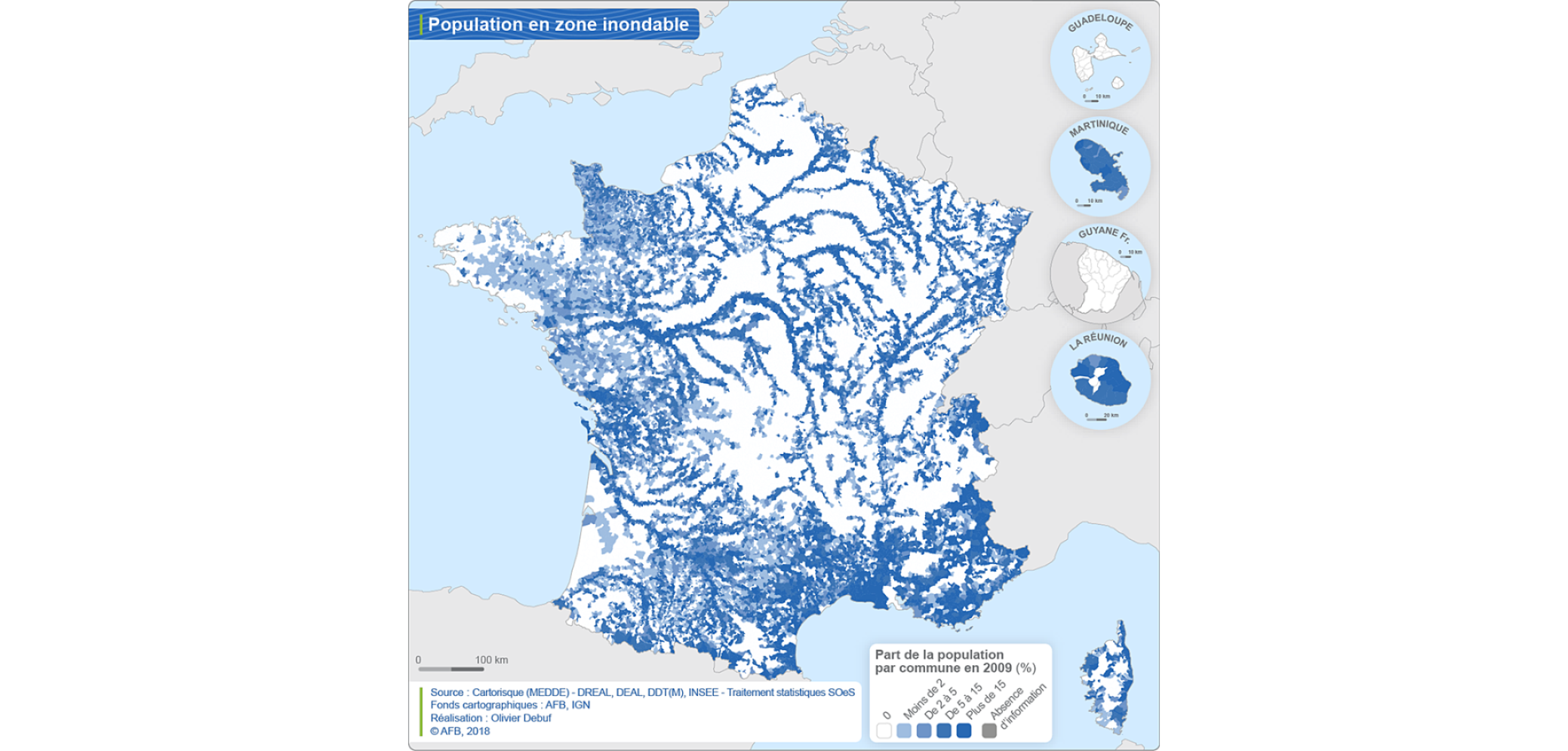 Carte Population en zone inondable par communes en 2009