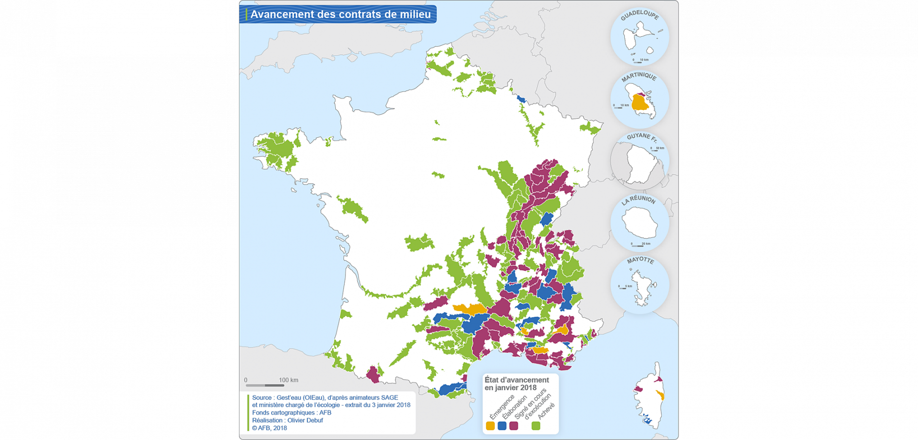 Carte État d'avancement des contrats de milieu en janvier 2018