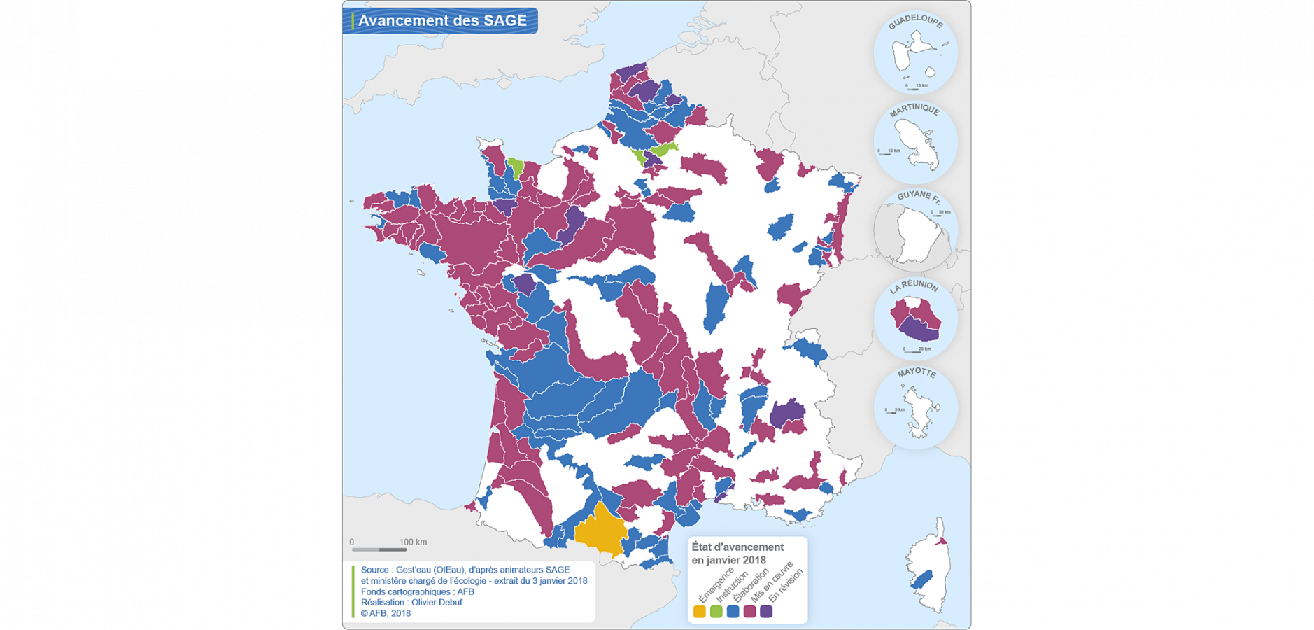 Carte d'avancement des SAGE en 2018