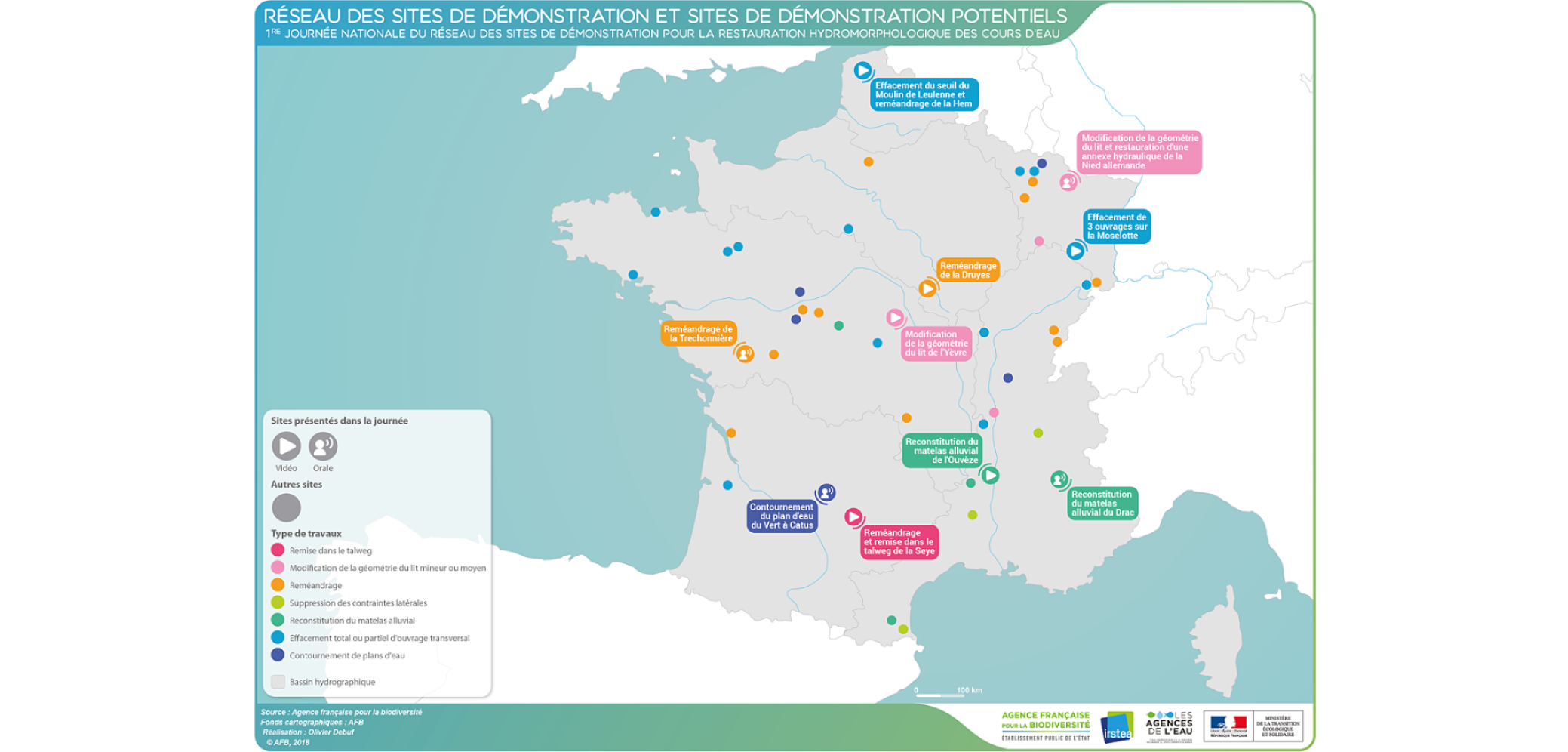 Carte du réseau de sites de démonstration et de sites de démonstration potentiels de restauration des cours d’eau