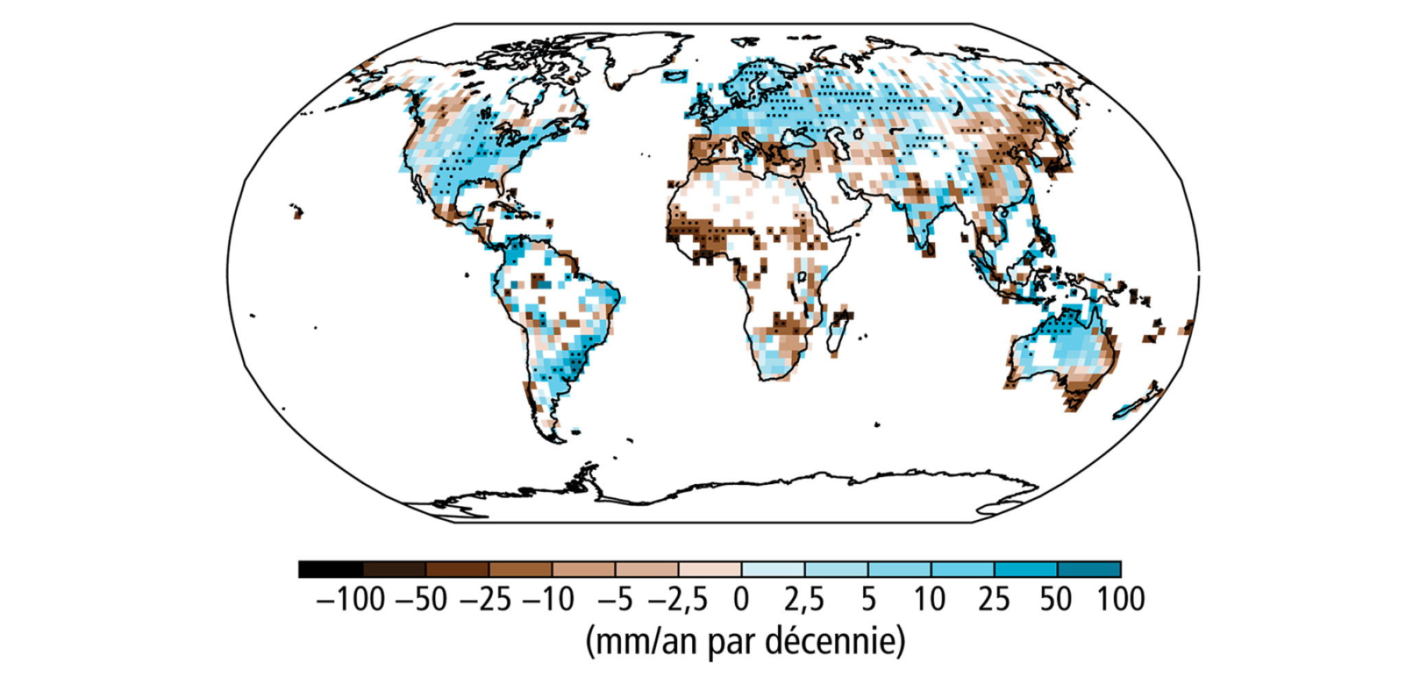 Évolution des précipitations annuelles entre 1951 et 2010, GIEC