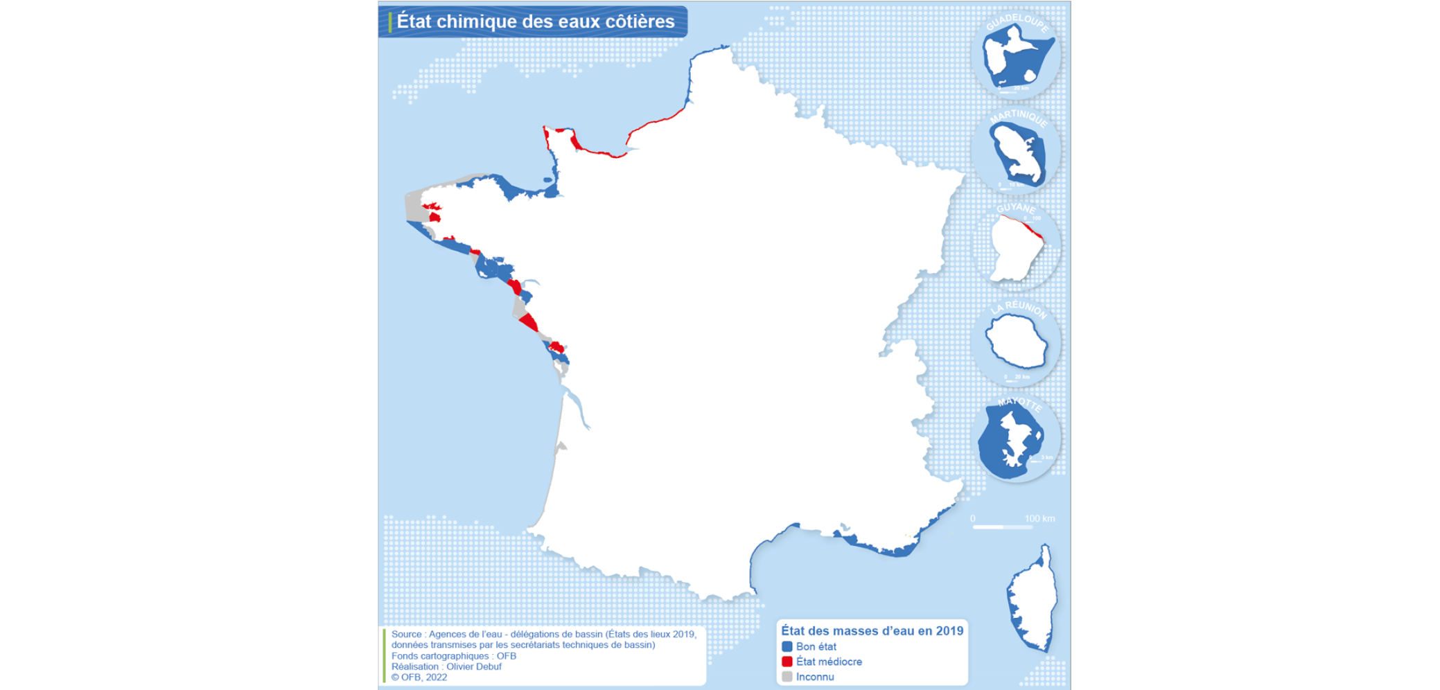 Carte de l'état chimique des eaux côtières (données 2019)