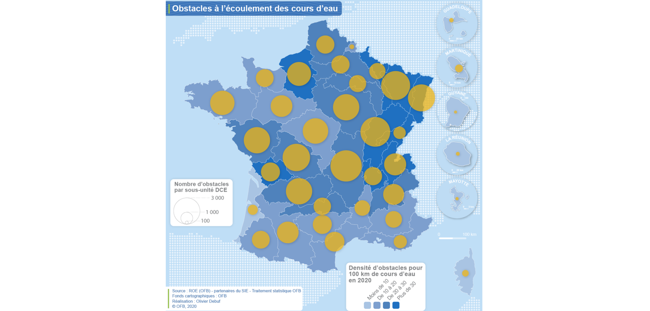 Carte Obstacles à l'écoulement des cours d'eau, 2020