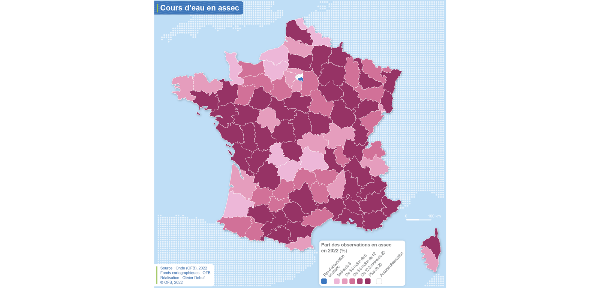 Carte Cours d'eau en assec par départements 2022