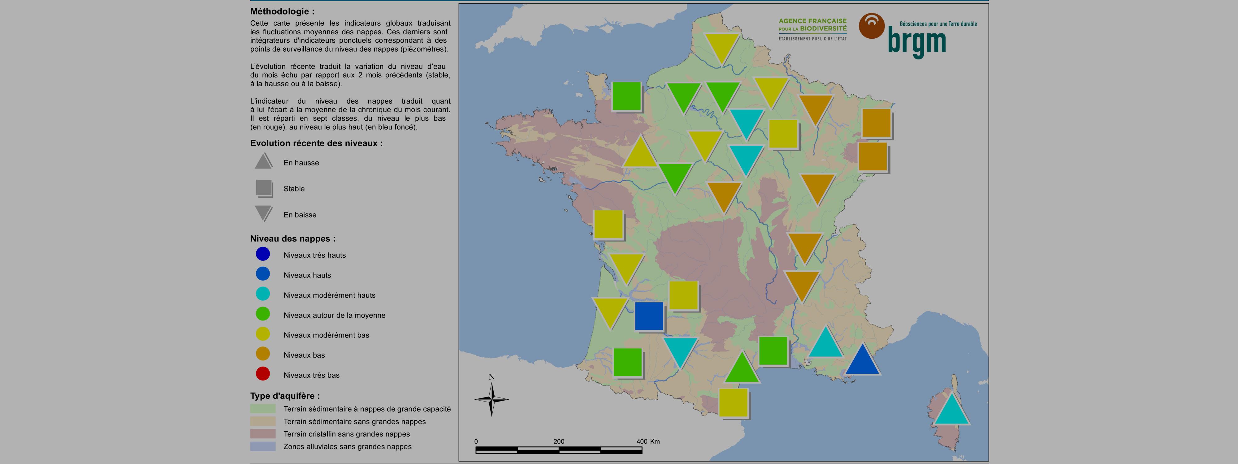 Carte de France de la situation des nappes au 1er novembre 2018, brgm