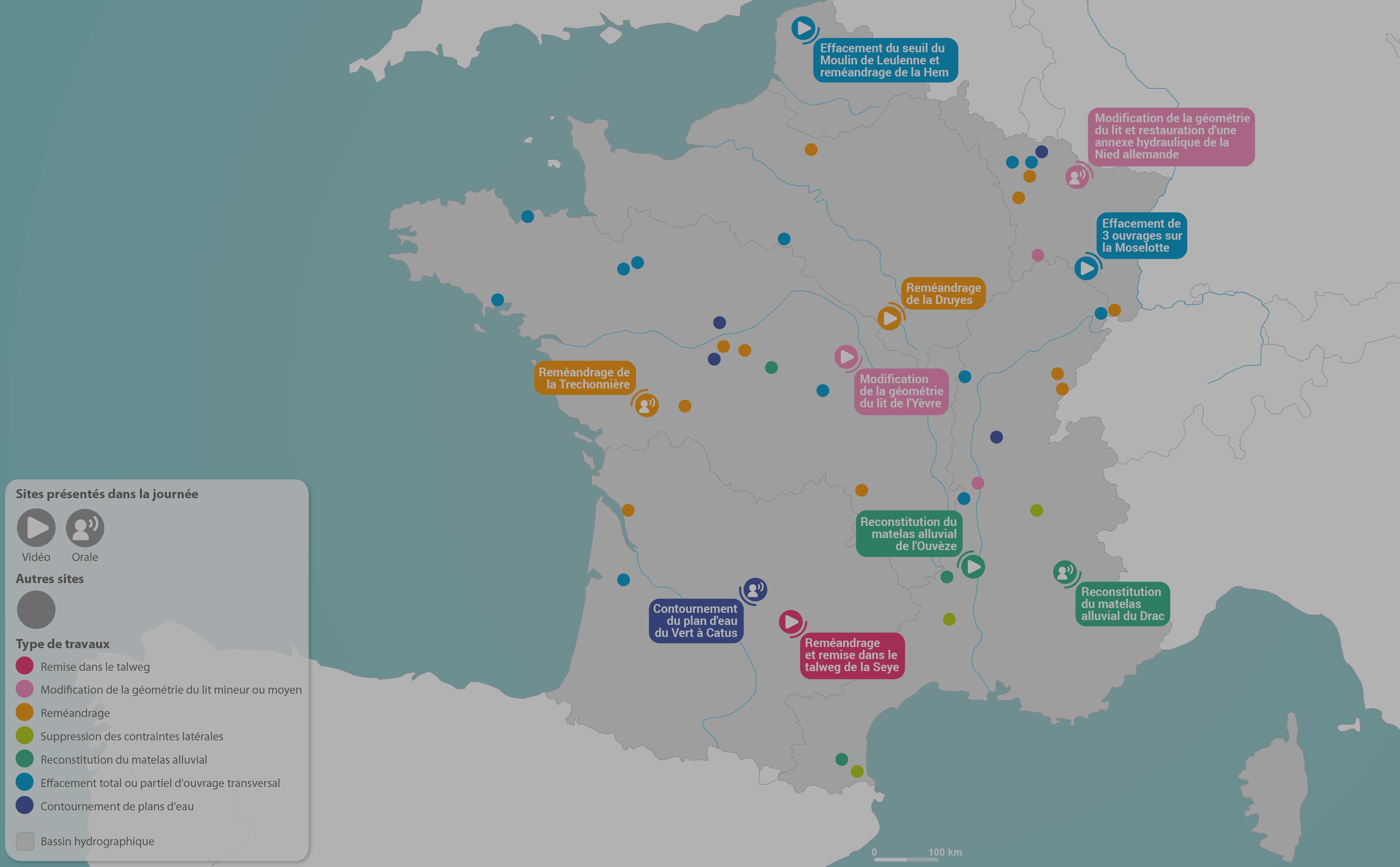 Carte du réseau de sites de démonstration et de sites de démonstration potentiels de restauration des cours d’eau