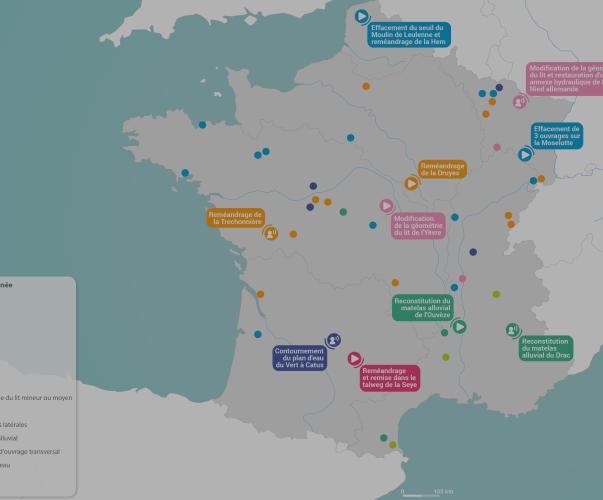 Carte du réseau de sites de démonstration et de sites de démonstration potentiels de restauration des cours d’eau Carte du réseau de sites de démonstration et de sites de démonstration potentiels de restauration des cours d’eau