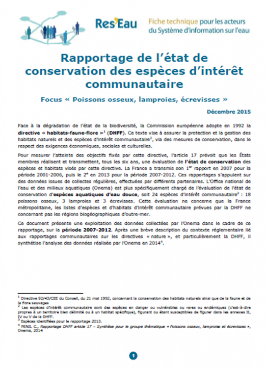 Rapportage de l’état de conservation des espèces d’intérêt communautaire : Focus Poissons osseux, lamproies, écrevisses (données 2007-2012)