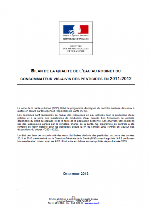 La qualité de l’eau potable vis-à-vis des pesticides (données 2011-2012)