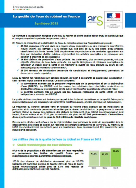 La qualité de l’eau du robinet en France (données 2015)