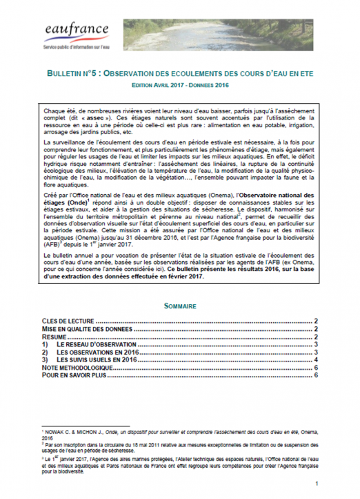Observation des écoulements des cours d’eau en été (données 2016)