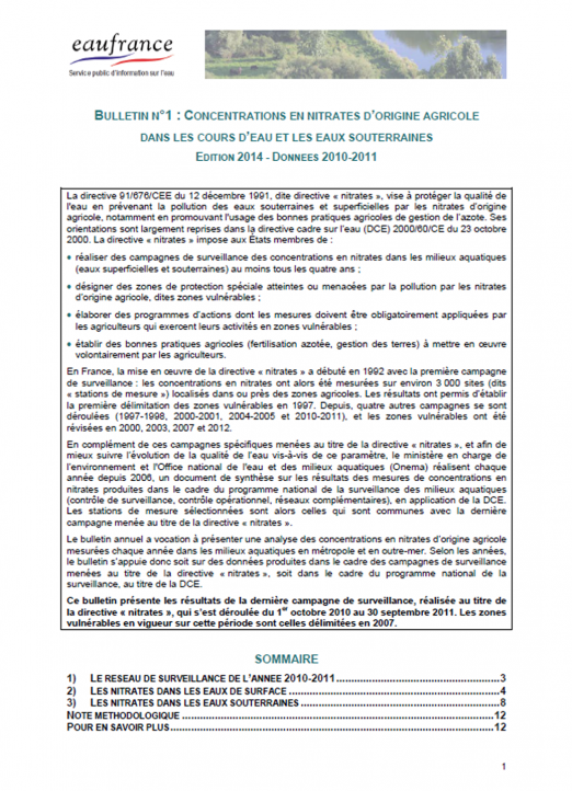 Concentrations en nitrates d’origine agricole dans les cours d’eau et les eaux souterraines (données 2010-2011)