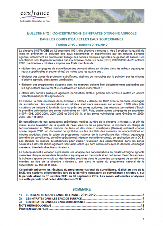 Concentrations en nitrates d’origine agricole dans les cours d’eau et les eaux souterraines (données 2011-2012)