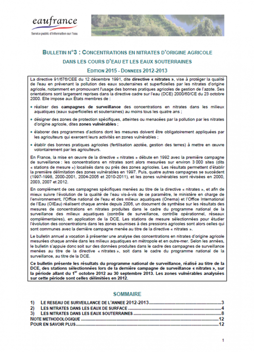 Concentrations en nitrates d’origine agricole dans les cours d’eau et les eaux souterraines (données 2012-2013)