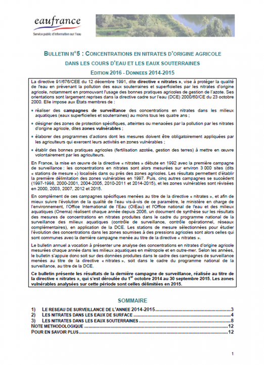 Concentrations en nitrates d’origine agricole dans les cours d’eau et les eaux souterraines (données 2014-2015)