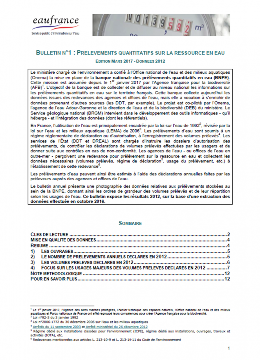 Prélèvements quantitatifs sur la ressource en eau (données 2012)