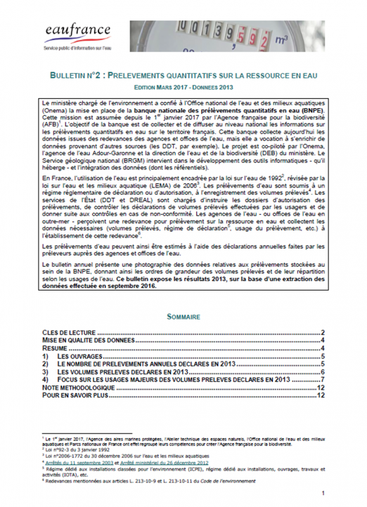 Prélèvements quantitatifs sur la ressource en eau (données 2013)