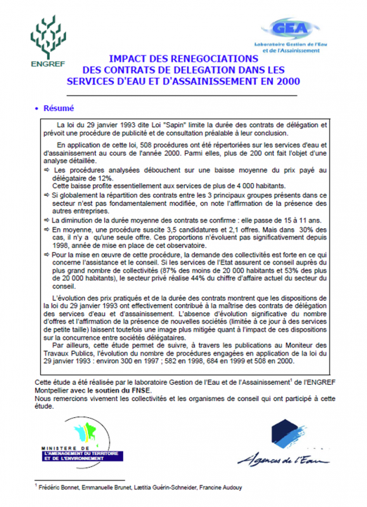 Impact des procédures de mise en concurrence dites "loi Sapin" sur les services (données 2000)