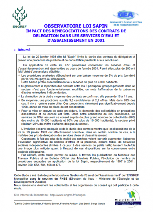 Impact des procédures de mise en concurrence dites "loi Sapin" sur les services (données 2001)