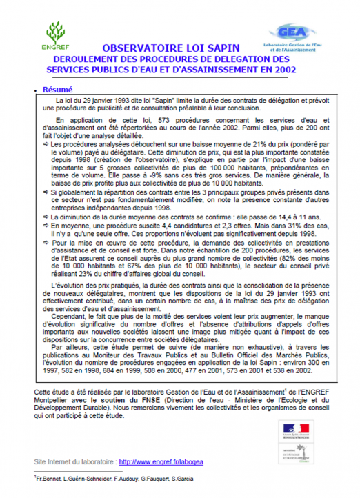 Impact des procédures de mise en concurrence dites "loi Sapin" sur les services (données 2002)