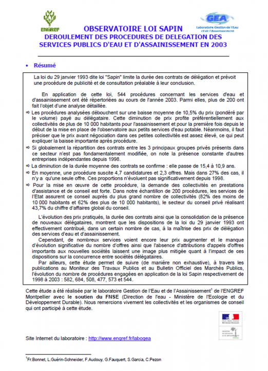 Impact des procédures de mise en concurrence dites "loi Sapin" sur les services (données 2003)