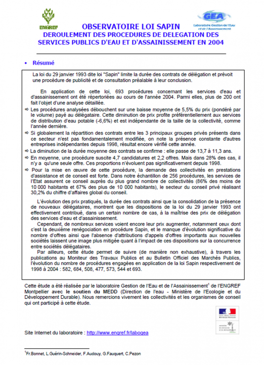 Impact des procédures de mise en concurrence dites "loi Sapin" sur les services (données 2004)