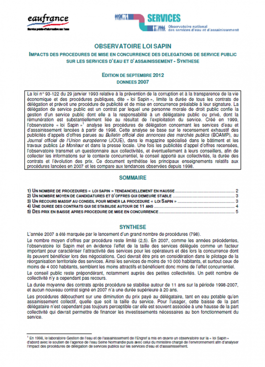 Impact des procédures de mise en concurrence dites "loi Sapin" sur les services (données 2007)