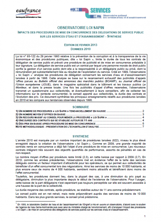 Impact des procédures de mise en concurrence dites "loi Sapin" sur les services (données 2010)