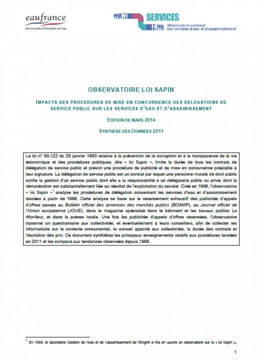 Impact des procédures de mise en concurrence dites "loi Sapin" sur les services (données 2011)