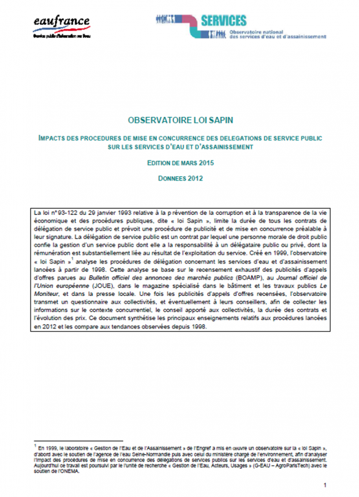 Impact des procédures de mise en concurrence dites "loi Sapin" sur les services (données 2012)