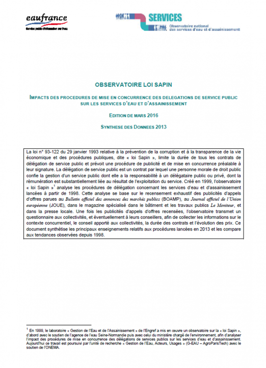 Impact des procédures de mise en concurrence dites "loi Sapin" sur les services (données 2013)