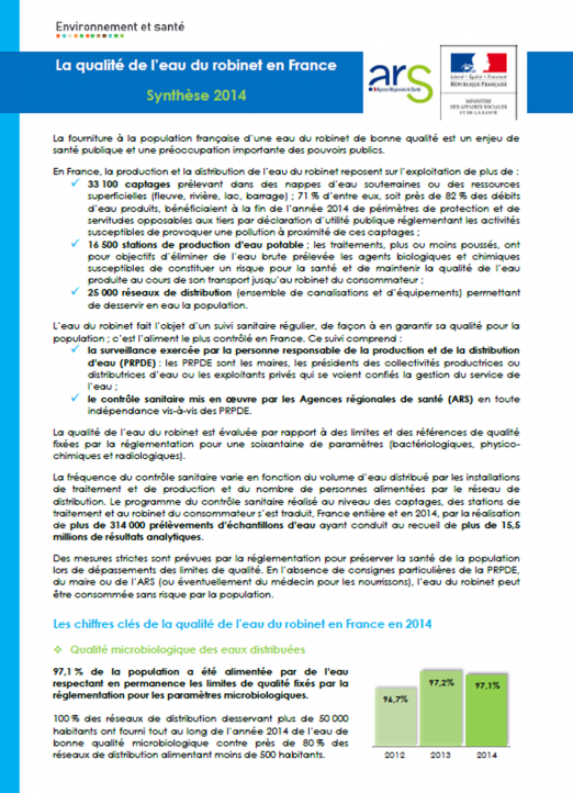 La qualité de l’eau du robinet en France (données 2014)