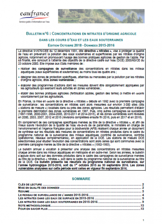 Concentrations en nitrates d’origine agricole dans les cours d’eau et les eaux souterraines (données 2015-2016)