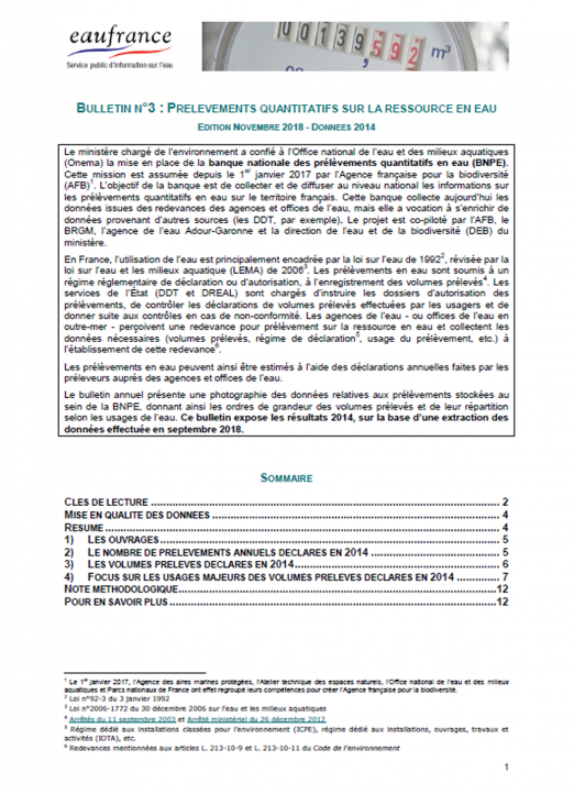 Prélèvements quantitatifs sur la ressource en eau (données 2014)