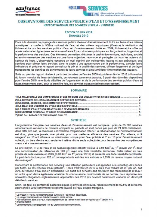 Vignette du bulletin sur les services public d'eau et d’assainissement (données 2010)