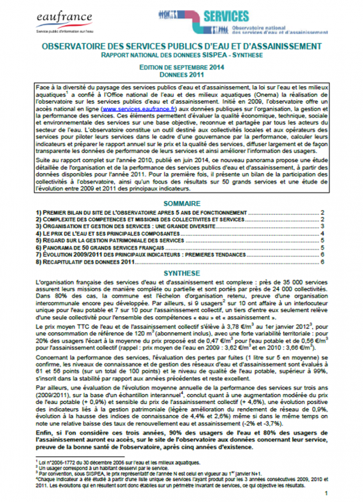 Vignette du bulletin sur les services public d'eau et d’assainissement (données 2011)