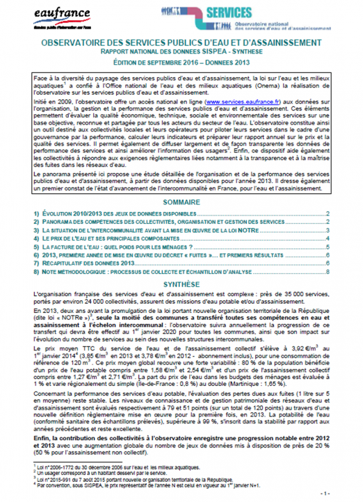 Vignette du bulletin sur les services public d'eau et d’assainissement (données 2013)