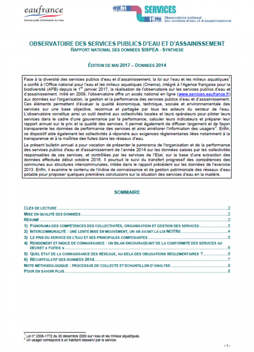 Vignette du bulletin sur les services public d'eau et d’assainissement (données 2014)