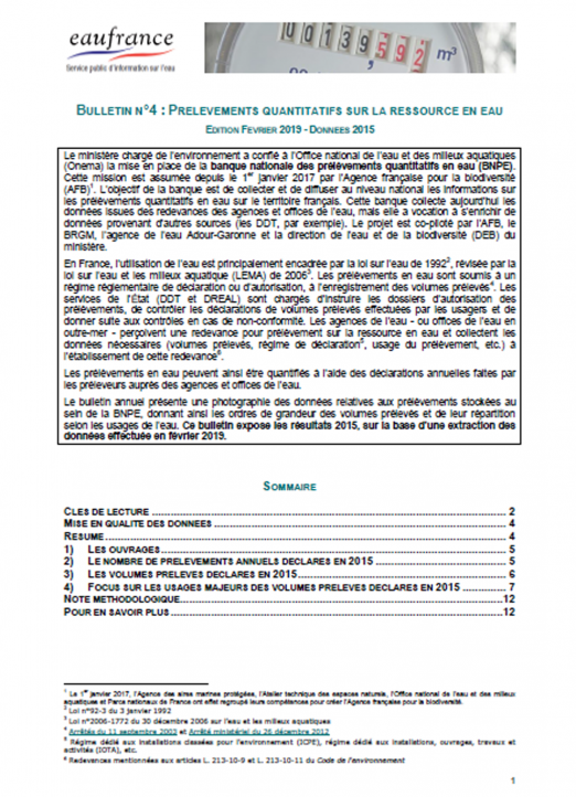 Prélèvements quantitatifs sur la ressource en eau (données 2015)