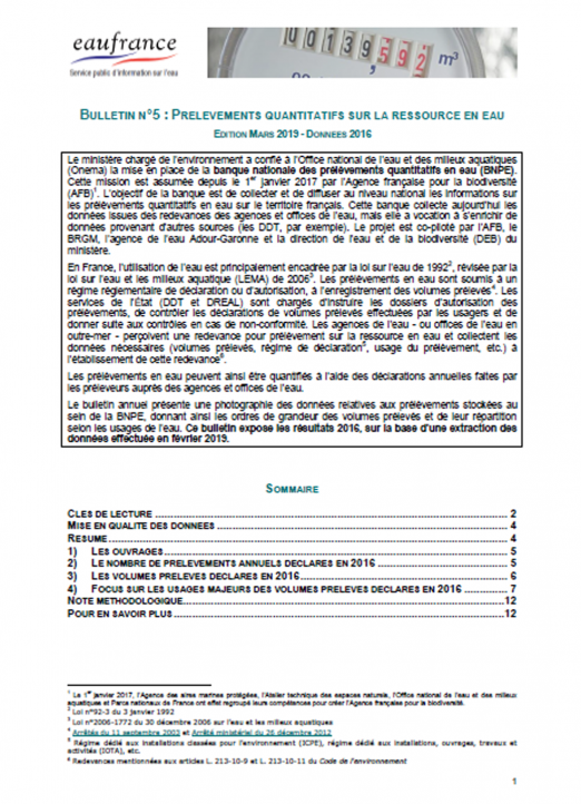 Prélèvements quantitatifs sur la ressource en eau (données 2016)